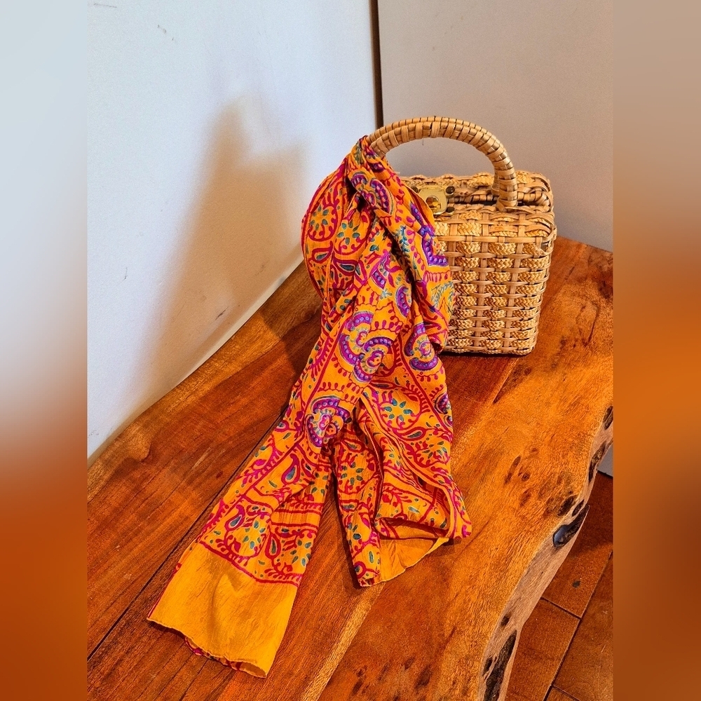Vibrant Yellow and Pink Paysley Silk Handpainted Patterned Scarf - Picture 9 of 10